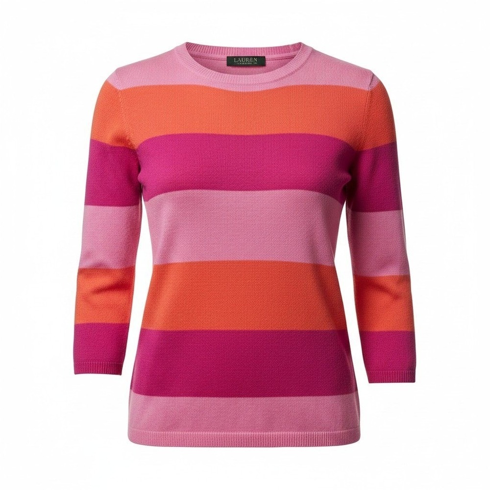 Lauren Ralph Lauren Petite Sweater Womens Pink Orange Striped Crew Neck Knit